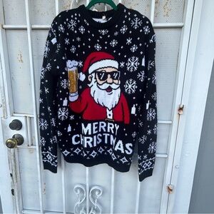 Men’s L Ugly Christmas Sweater Santa with sunglasses & a mug of beer black/snow